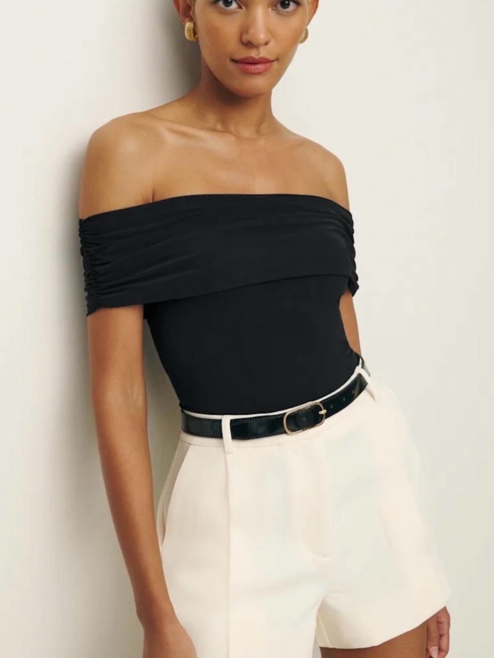 Reformation Black Off Shoulder Drape Top Soft Stretch Minimalist XS S